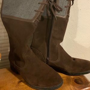 Black with gray lace up wide-calf boots